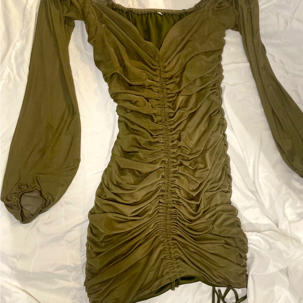 DOUBLE RUCHED SQUARE NECK BODYCON - OLIVE COLOR